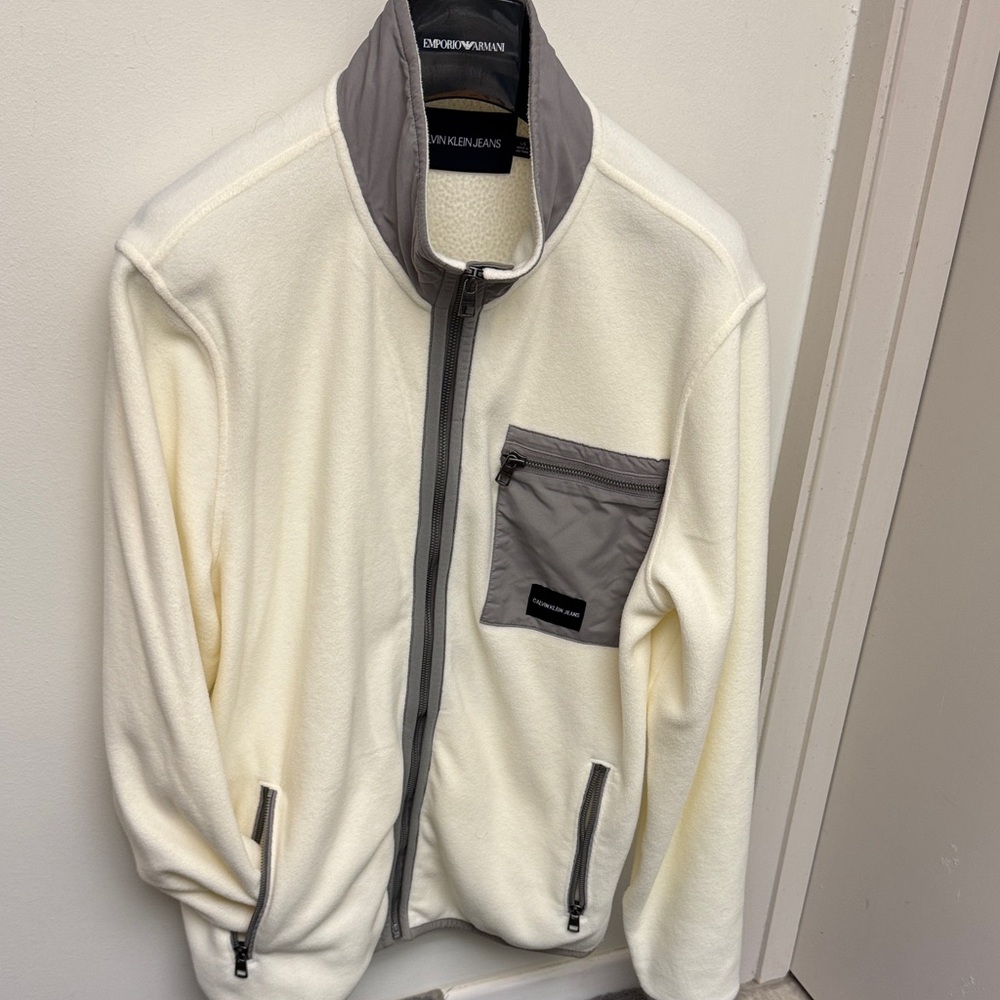 Men’s Calvin Klein Jeans Cream and Gray Men's Zip Up Sweater L